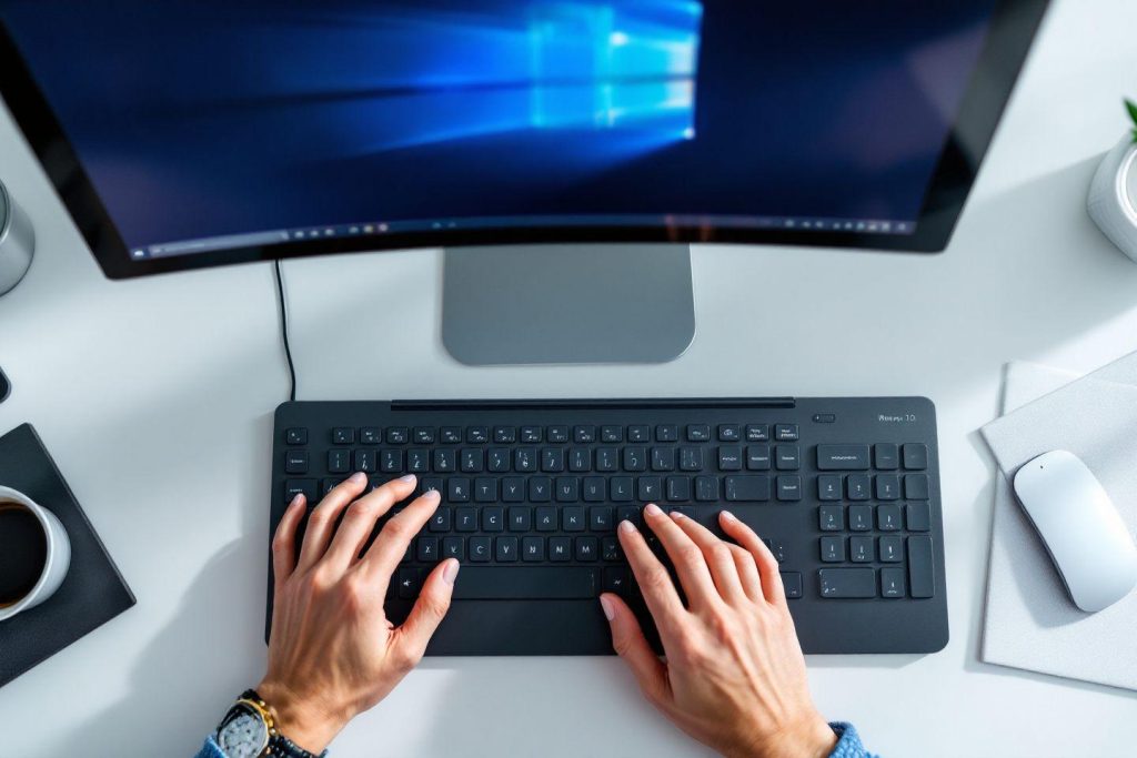 Photo d'un poste de travail avec un écran incurvé et un clavier.