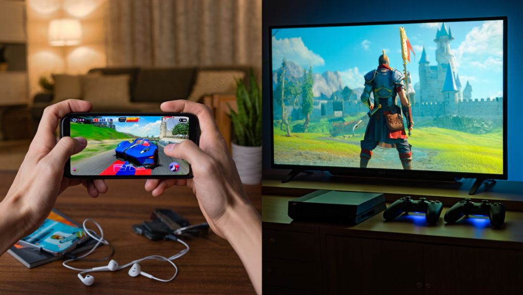 Une personne joue à un jeu de course sur un smartphone, tandis qu'un jeu vidéo fantastique est affiché sur un téléviseur avec une console et des manettes sur une table.