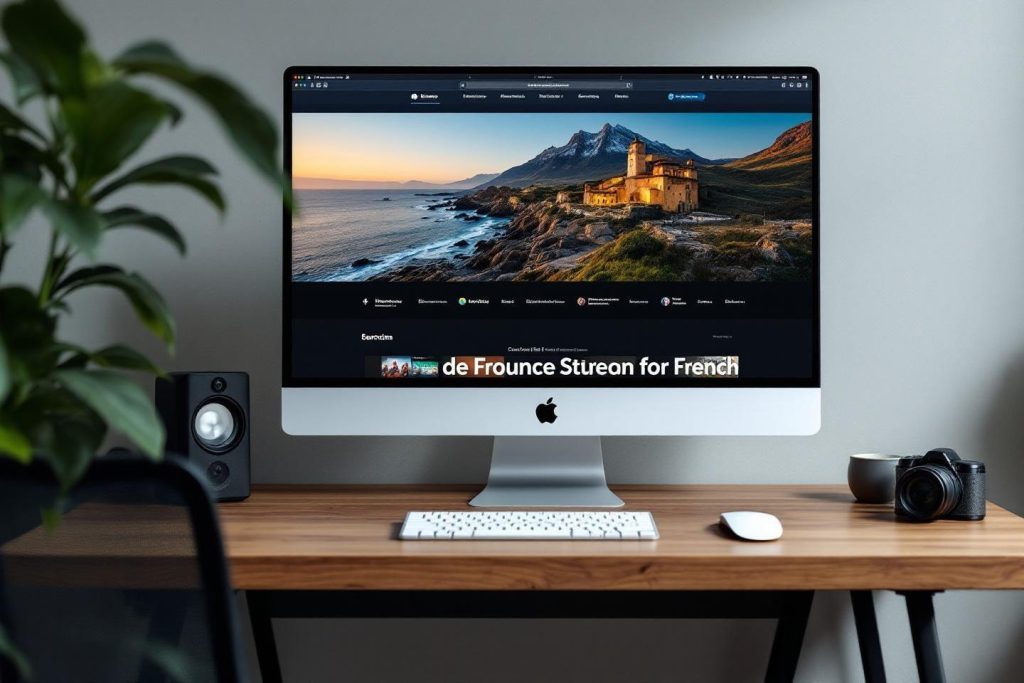 Bureau avec ordinateur Apple et paysage de château en arrière-plan