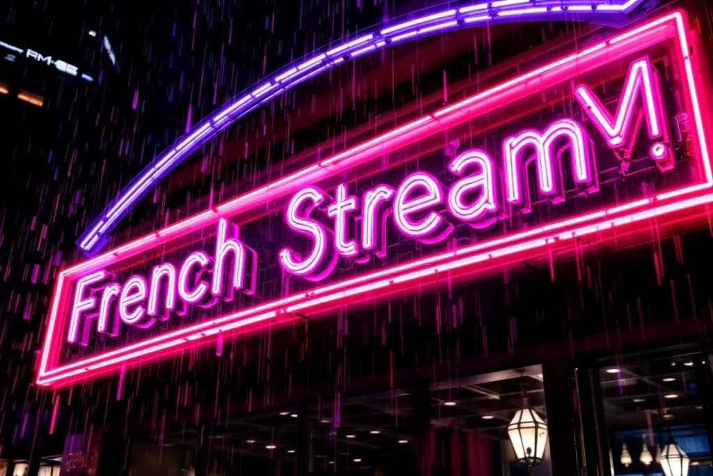 Enseigne lumineuse French Stream en rose et violet sous la pluie