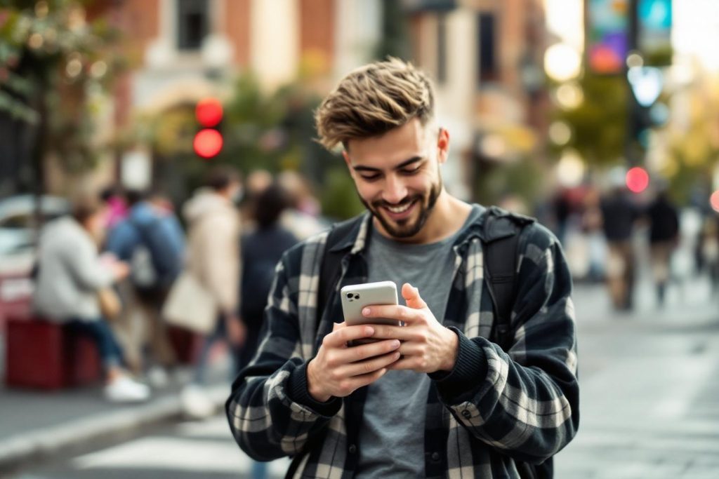 Jeune homme dans la rue utilisant son téléphone mobile