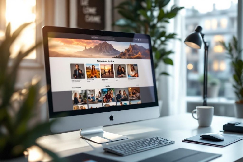 Écran d'ordinateur Apple affichant des portraits sur un bureau lumineux