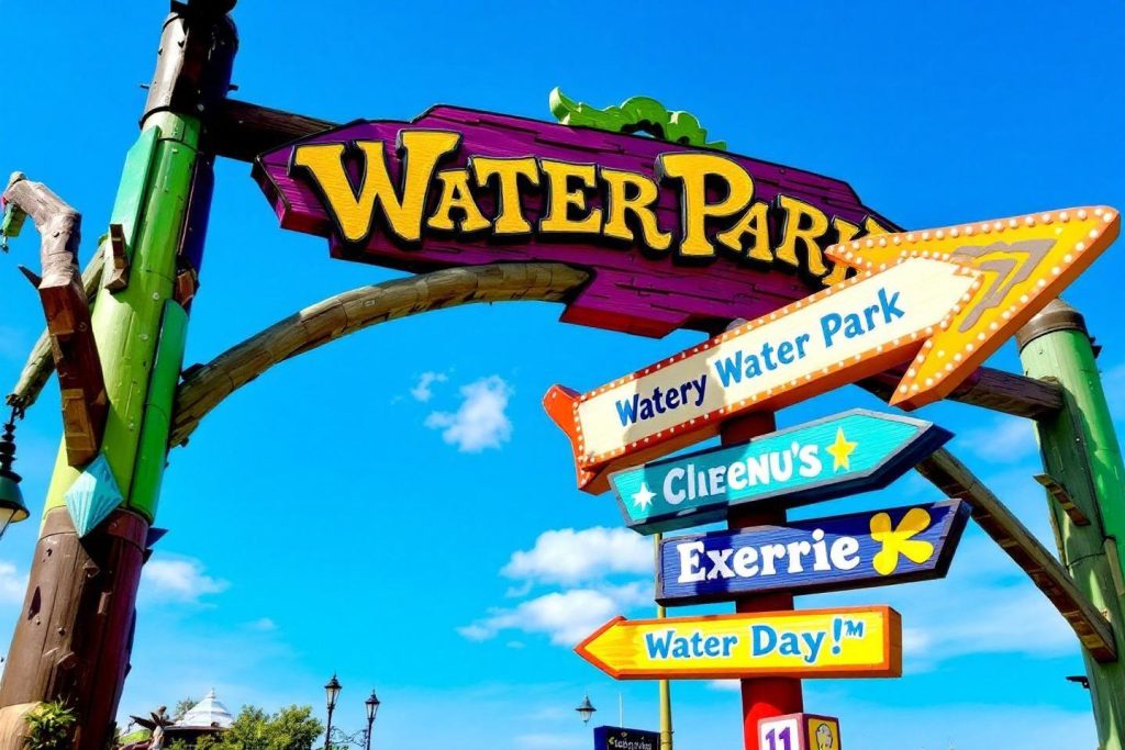 Panneau directionnel multicolore indiquant un parc aquatique