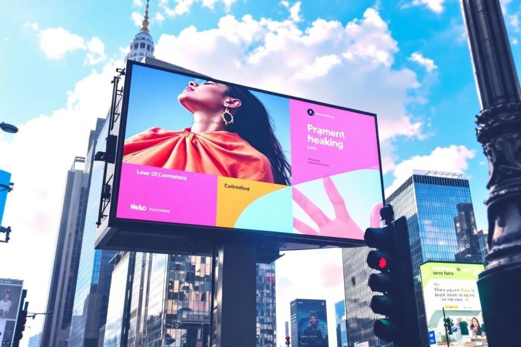 Grand écran publicitaire avec femme en rouge dans paysage urbain