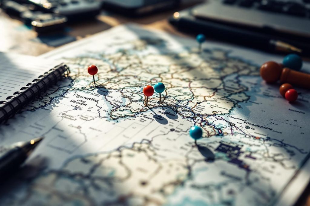 Carte avec épingles colorées, marquant des destinations de voyage