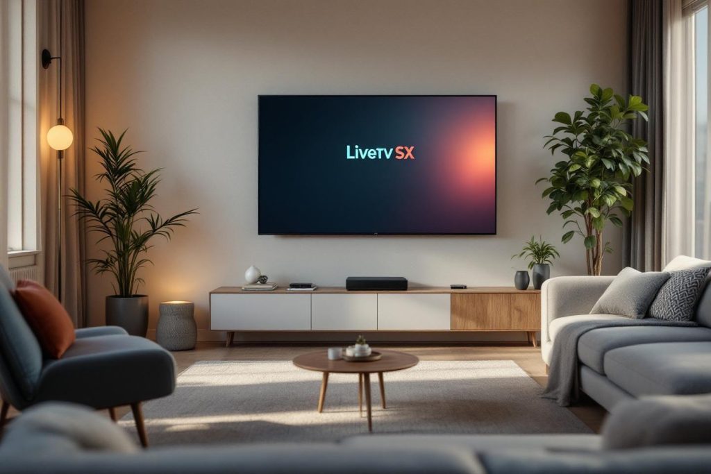 Intérieur design avec téléviseur, canapé et plantes vertes