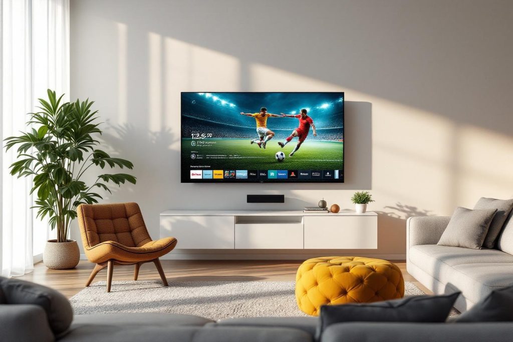 Écran de football dans un intérieur design avec fauteuil jaune