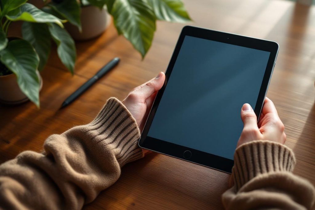 Main tenant une tablette sur une table en bois
