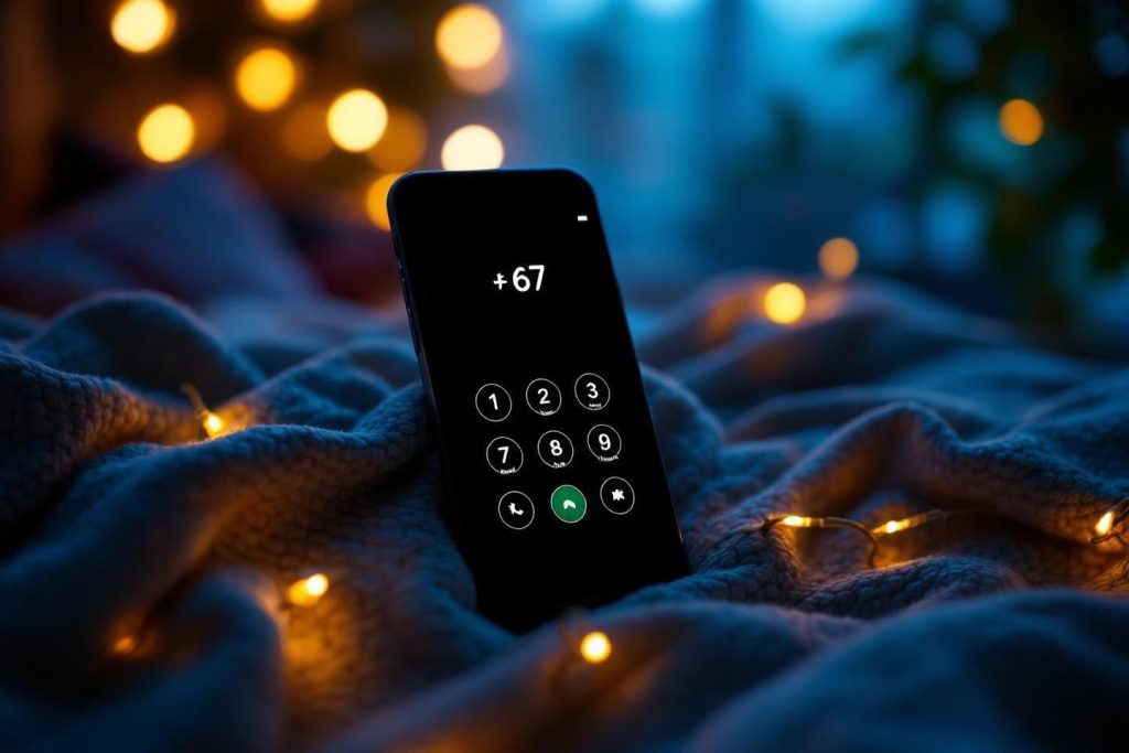 Écran de smartphone avec numérotation, entouré de lumières douces