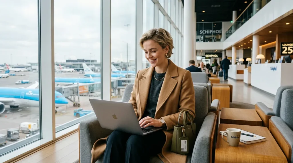 Femme avec laptop dans lounge aéroport Schiphol