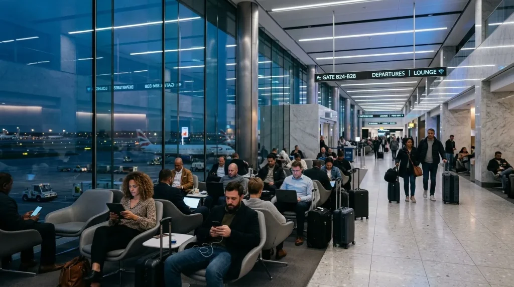 Voyageurs dans un salon d'aéroport avec vue sur les avions