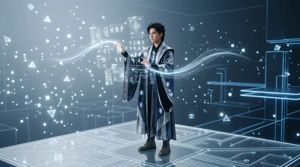 Homme en robe magique manipulant des symboles luminescents futuristes