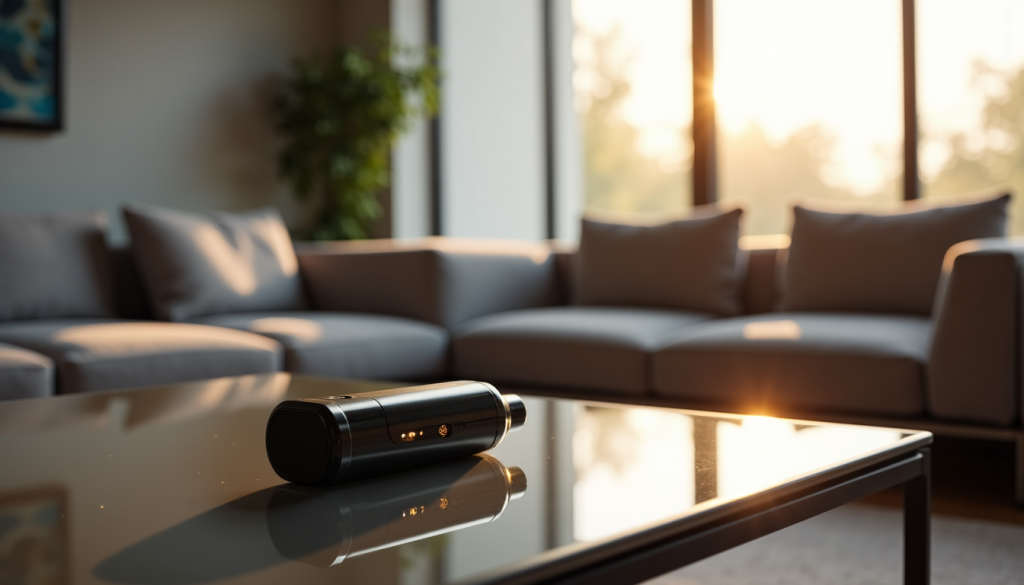 Un appareil électronique noir est posé sur une table basse en verre dans un salon moderne où la lumière du soleil traverse de grandes fenêtres.