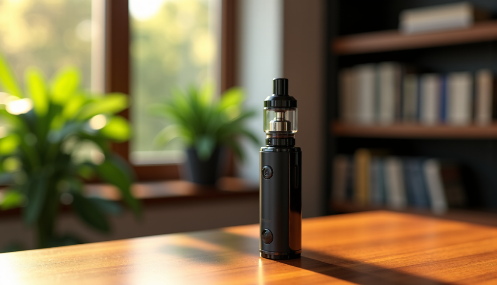 Un dispositif de vaporisation noir est posé à la verticale sur une table en bois dans une pièce éclairée par le soleil, avec des étagères et des plantes en pot à l'arrière-plan.