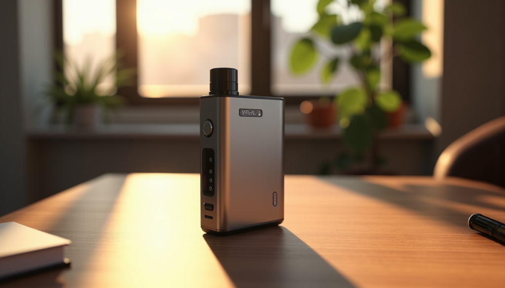 Un dispositif de vaporisation en forme de boîte avec un écran et des boutons est placé sur une table en bois dans une pièce ensoleillée avec des plantes et une fenêtre en arrière-plan.