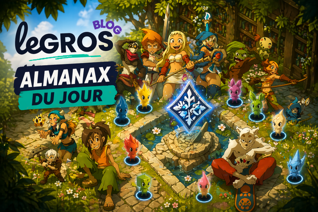 Des personnages fantastiques colorés et de petites créatures élémentaires se rassemblent autour d'une fontaine dans un jardin luxuriant et ensoleillé ; le texte "leGros Blog Almanax du Jour" se superpose à la scène.
