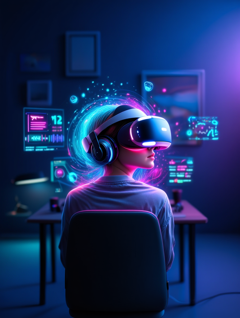 Une personne portant un casque de RV et des écouteurs est assise à un bureau avec des écrans numériques flottants et des graphiques au néon dans une pièce faiblement éclairée.