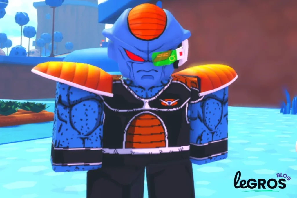 Un personnage à la peau bleue, portant une armure orange et noire et un éclaireur vert, se tient à l'extérieur dans un environnement stylisé, semblable à celui d'un dessin animé.