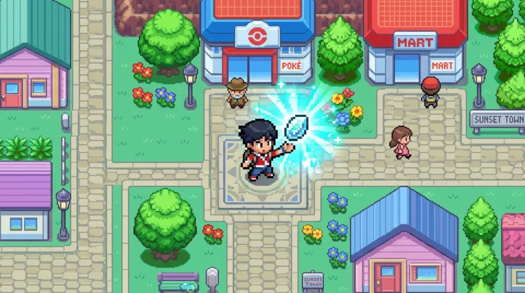 Joueur avec filet à Pokémon dans une ville pixelisée