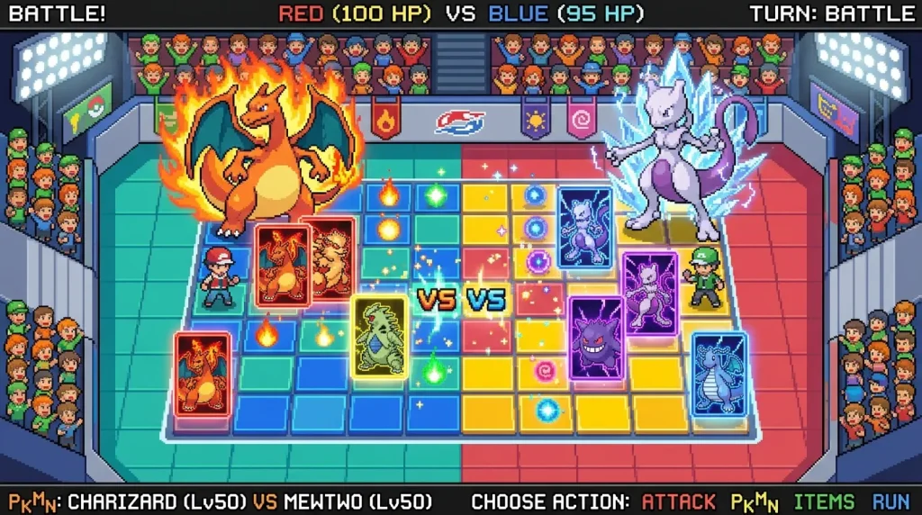 Combat Pokémon entre Charizard rouge et Mewtwo bleu