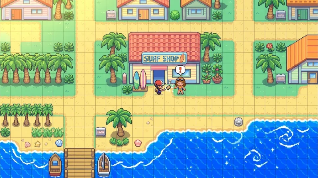 Deux personnages devant un surf shop au bord de la mer