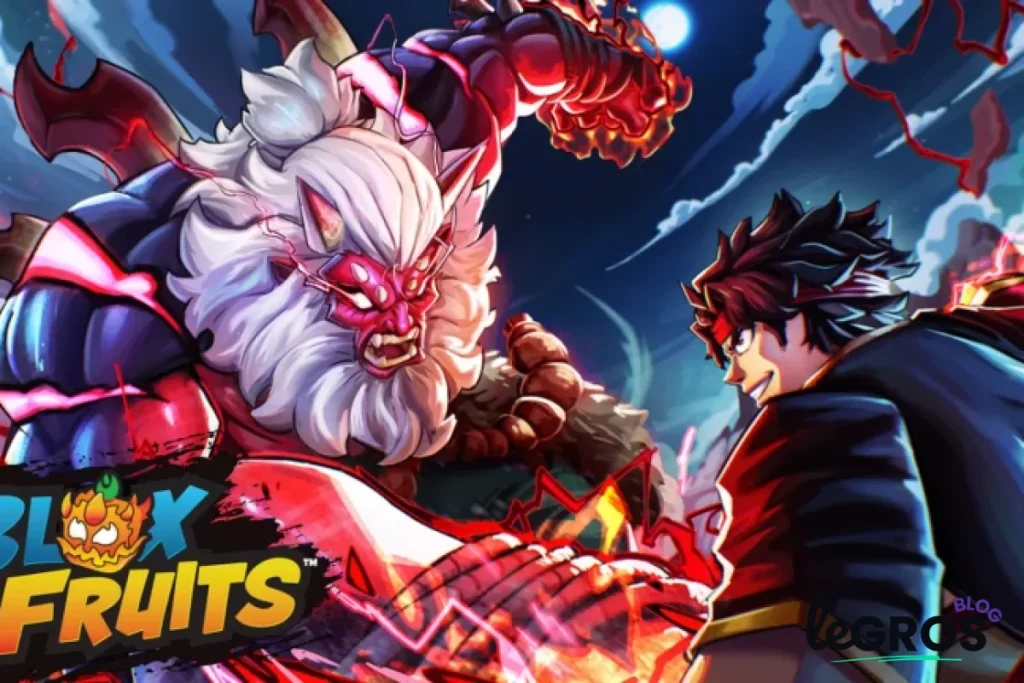 Deux personnages animés, l'un un grand monstre rouge aux cheveux blancs et l'autre un jeune homme aux cheveux noirs hérissés, s'affrontent dans une scène dramatique du jeu Blox Fruits.