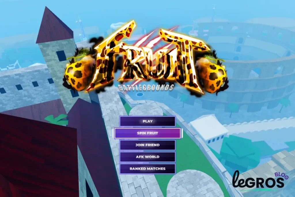 Menu principal du jeu "Fruit Battlegrounds" avec les options Play, Spin Fruit, Join Friend, AFK World et Ranked Matches, affichées sur un paysage animé en 3D.