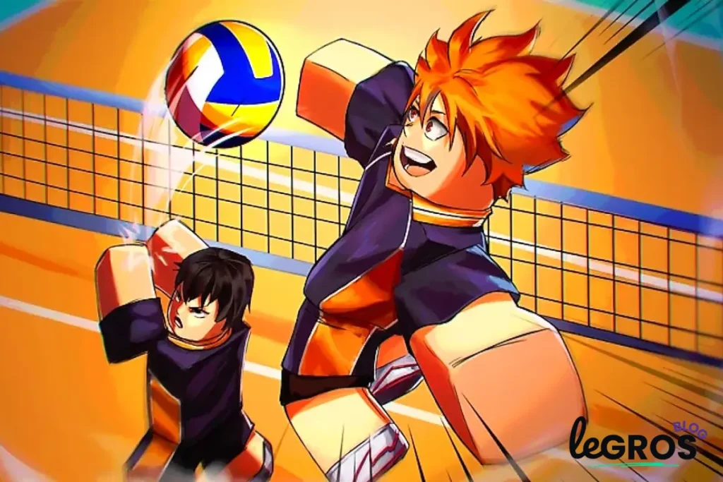 Deux joueurs de volley-ball animés, dont l'un aux cheveux orange saute pour smasher le ballon, jouent sur un terrain intérieur éclairé avec un filet en arrière-plan.