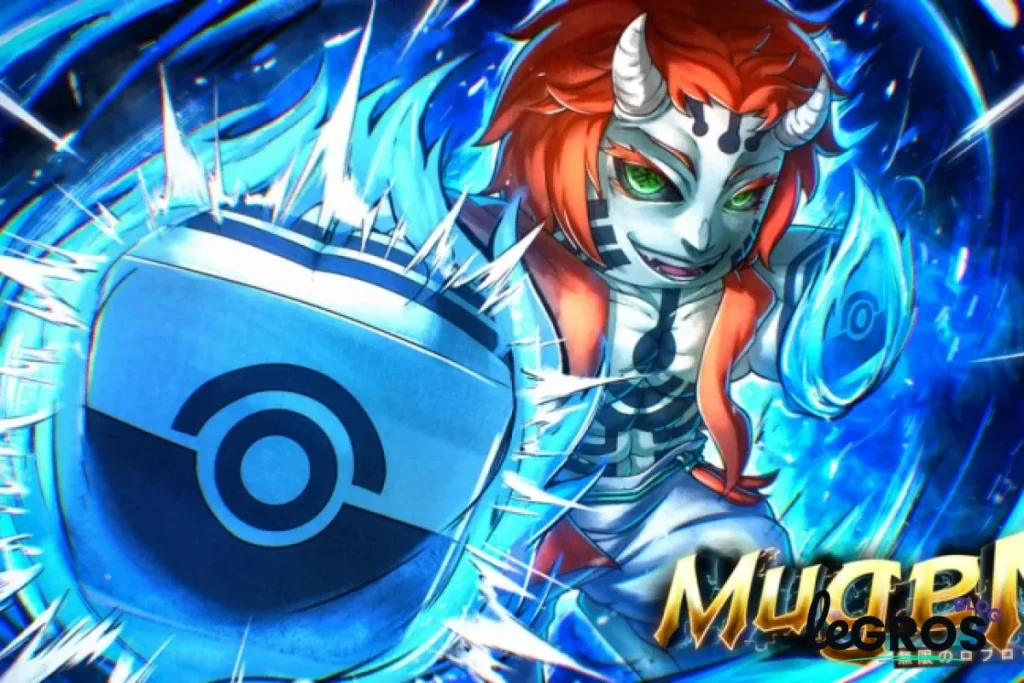 Une créature fantastique aux cheveux roux, aux cornes et aux yeux verts tient un objet bleu en forme de bouclier avec un symbole circulaire, entouré d'effets dynamiques d'énergie bleue.