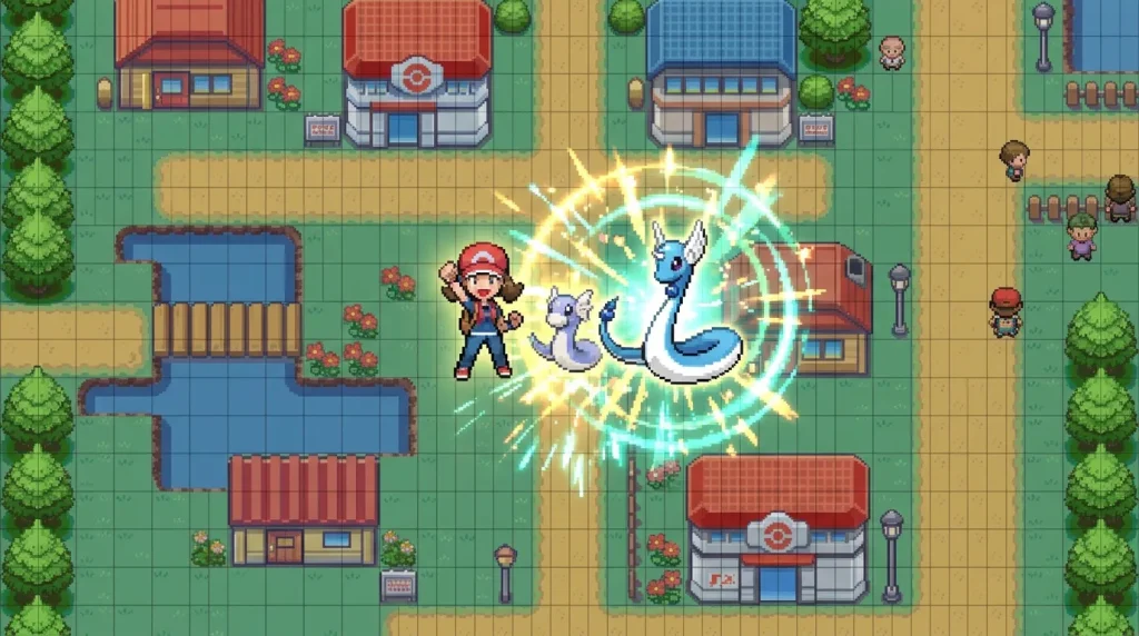 Dresseur avec Dracaufeu et deux autres Pokémon bleus