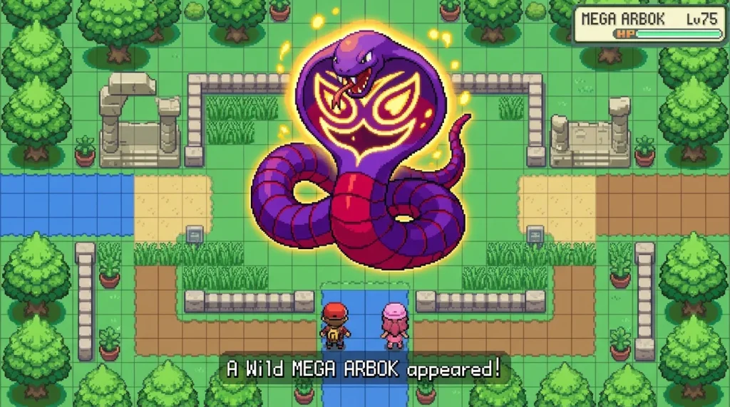 Deux dresseurs face à un Méga Arbok violet géant scintillant.