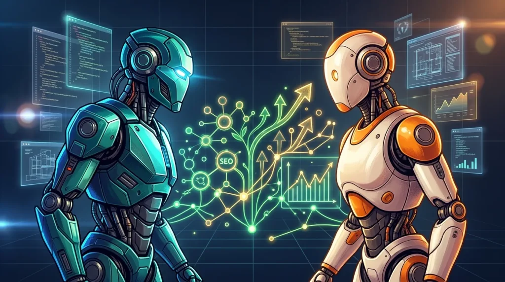 Deux robots futuristes analysant des données de croissance et d'optimisation SEO