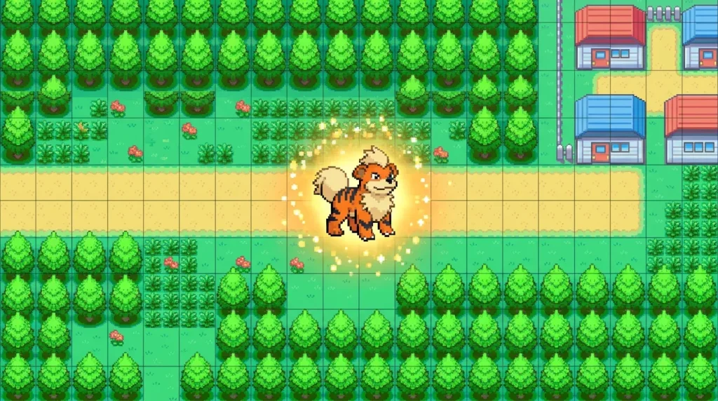 Growlithe entouré d'arbres et fleurs dans paysage rural.