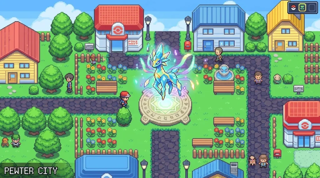 Vue aérienne de Péwter City avec Pokémon légendaire volant