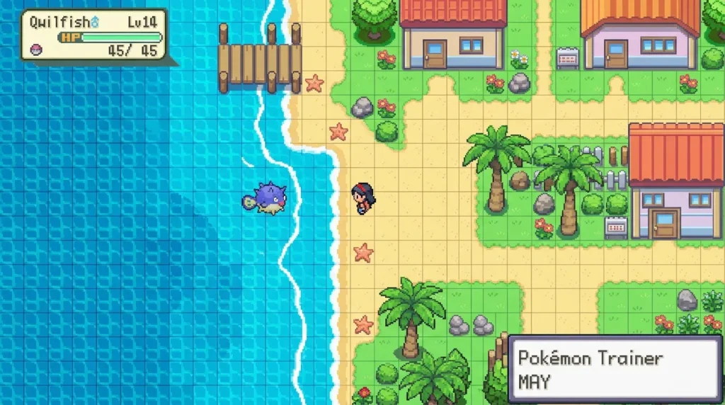 Dresseur Pokémon avec Quilfish au bord de l'eau