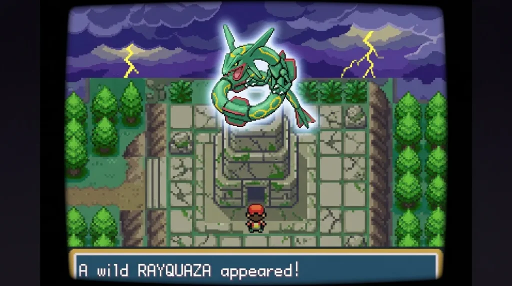 Pokémon Rayquaza apparaît dans une grotte lors d'un combat