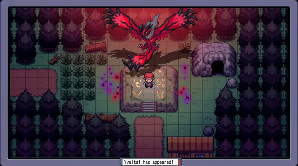 Personnage face à Yveltal légendaire dans caverne souterraine