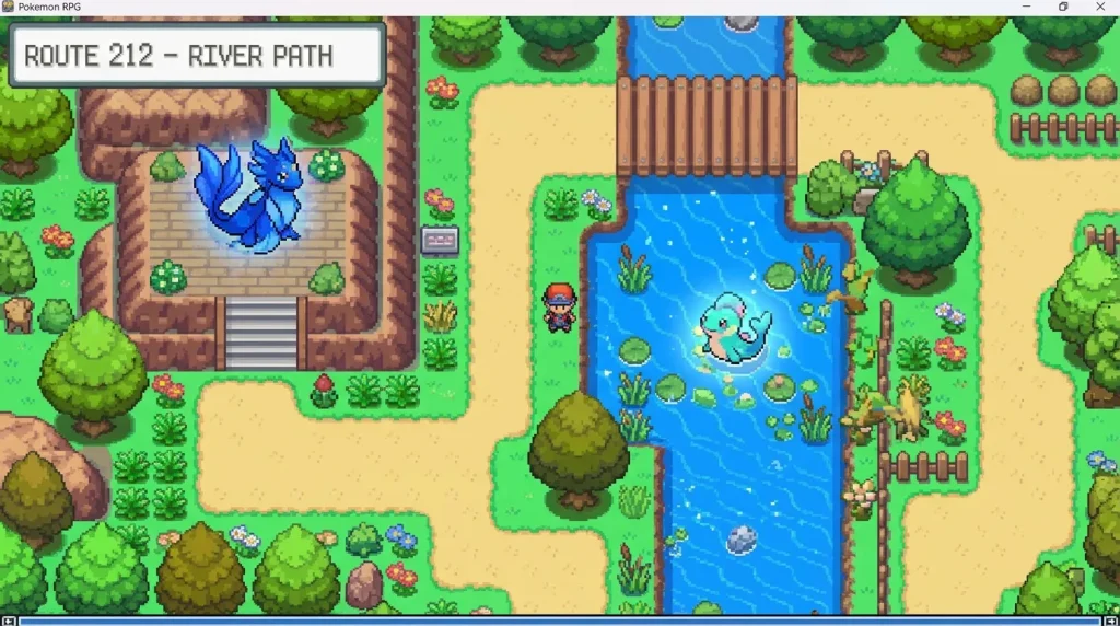 Trainer et Pokémon bleu près d'une rivière, Route 212