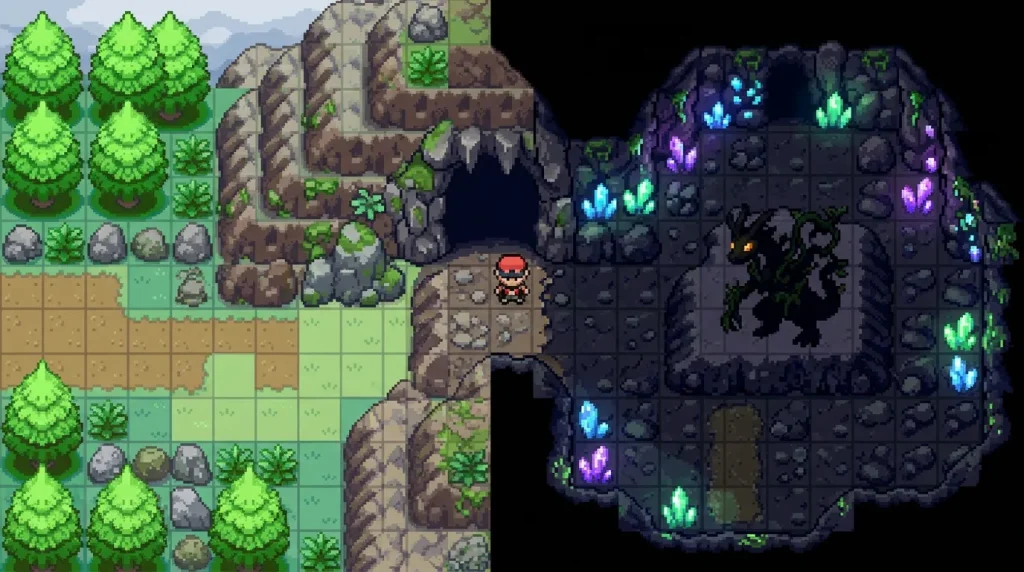 Joueur explorant cavernes avec cristaux lumineux souterrains