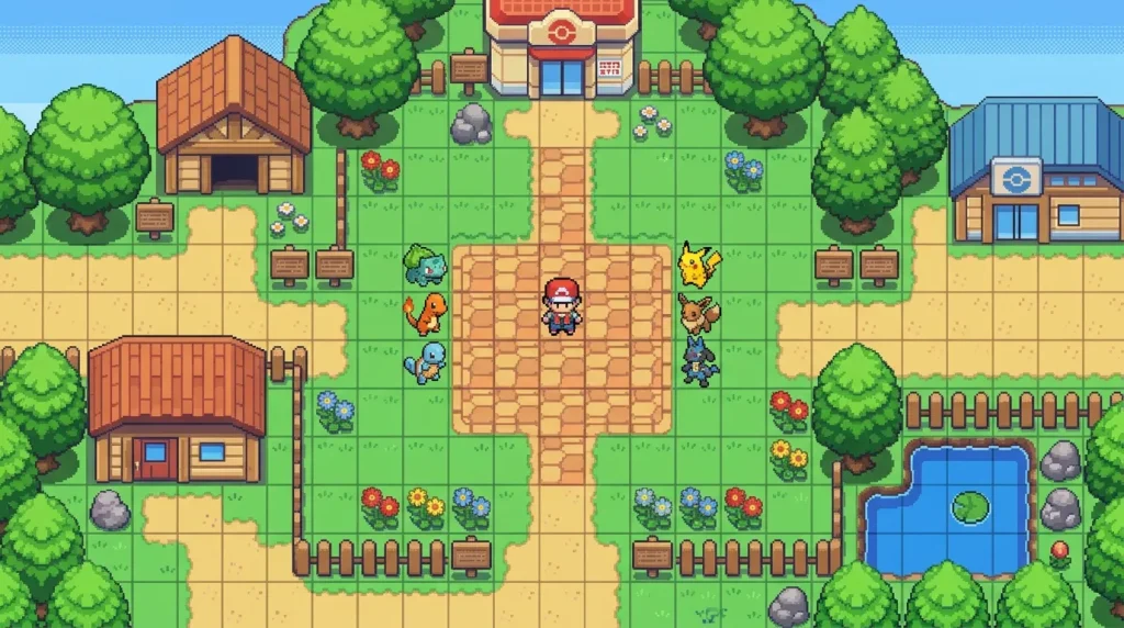Dresseur Pokémon au centre d'un village avec Pikachu et créatures