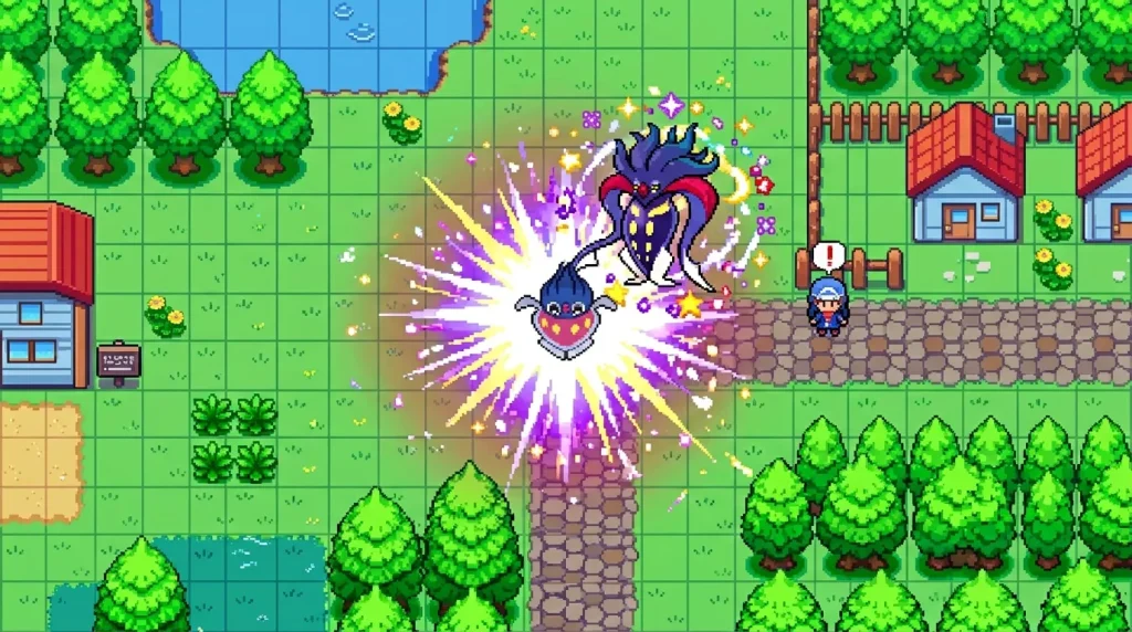 Pokémon évoluant avec effets lumineux violets et jaunes