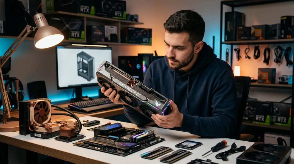 Un homme examine une grande carte graphique sur un bureau équipé de composants PC, d'outils et d'un écran d'ordinateur dans un espace de travail technique.