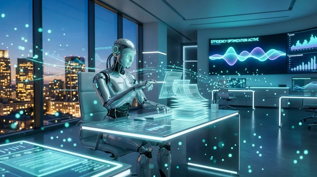 Un robot humanoïde travaille à un bureau futuriste doté d'écrans holographiques dans un bureau moderne surplombant la ligne d'horizon d'une ville la nuit. Des données numériques et des graphiques sont affichés dans toute la pièce.
