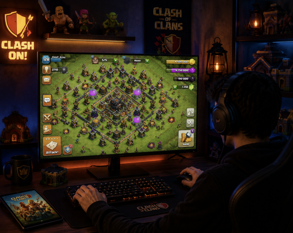 Une personne portant des écouteurs joue à Clash of Clans sur un ordinateur de bureau, entourée de marchandises à thème et d'un éclairage d'ambiance tamisé.