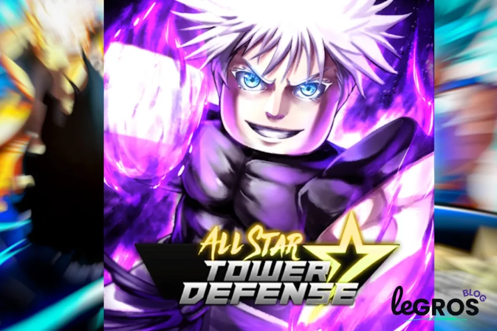 Un personnage de style animé aux cheveux blancs hérissés et aux yeux bleus brillants se tient devant une aura violette. Le logo "All Star Tower Defense" est affiché en bas de l'image.