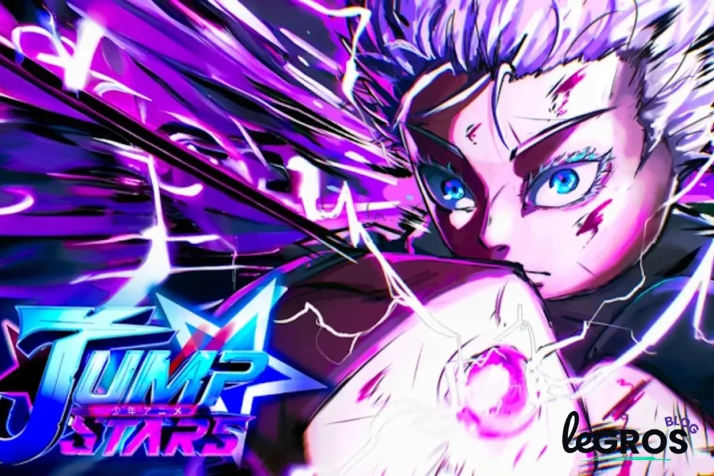 Personnage de style anime aux yeux bleus et aux cheveux blancs, entouré d'énergie et d'éclairs violets, se préparant à attaquer. Le logo "Jump Stars" et le filigrane "LeGros" sont visibles.