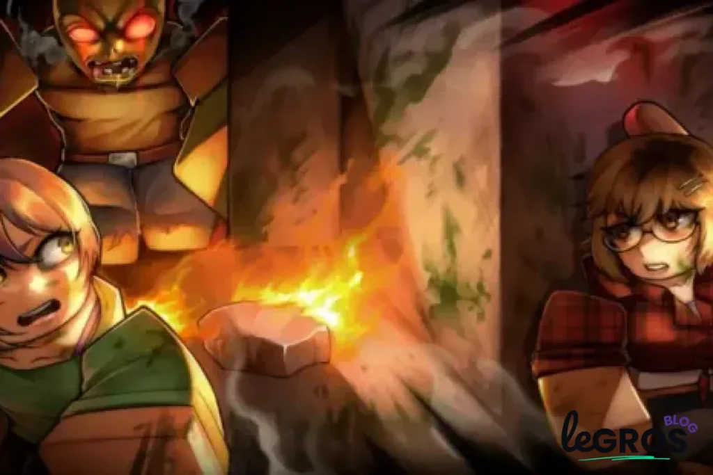 Trois personnages animés réagissent avec effroi lorsqu'une silhouette menaçante aux yeux luisants émerge derrière eux, au milieu des flammes et de la fumée, dans un bâtiment sombre et endommagé.
