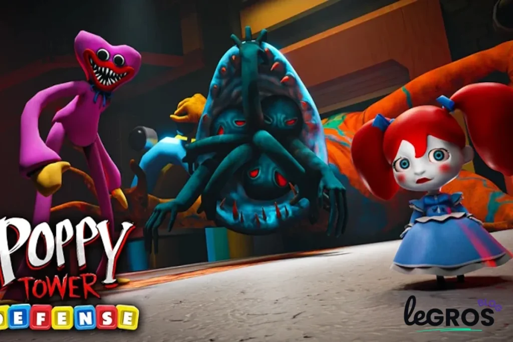 Des personnages animés du jeu "Poppy Tower Defense" se tiennent ensemble, y compris une poupée aux cheveux bleus et des monstres colorés, sur un fond intérieur sombre.