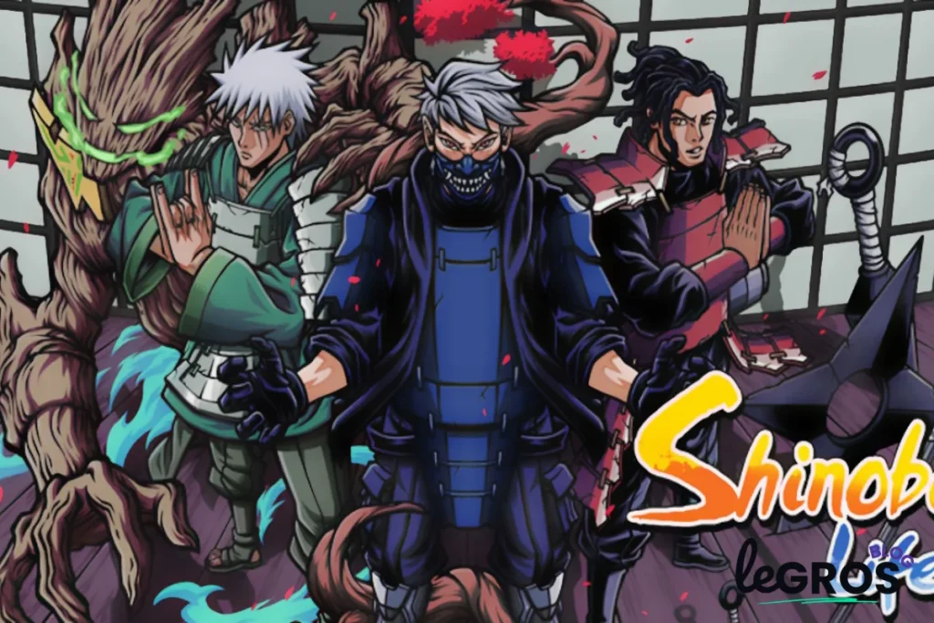 Trois personnages de style anime en position de combat se tiennent devant un écran shoji ; l'un contrôle des lianes, l'autre porte un masque et le troisième a des cheveux noirs flottants et une armure rouge. Le logo "Shinobi Life" est visible.