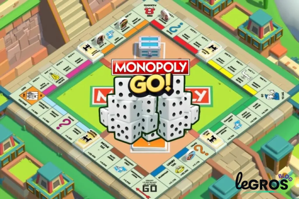 Un plateau de jeu Monopoly GO ! numérique avec des dés au centre, des espaces de propriété classiques, des services publics et des jetons de jeu sur le pourtour.